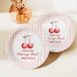 Prato De Papel Primeiro aniversário da Cherry Pink Arco Gingham