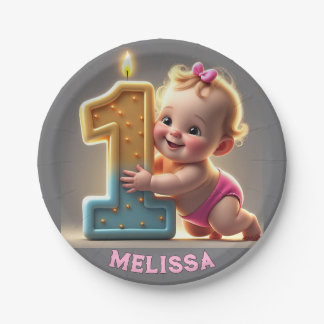 PRATO DE PAPEL "PRIMEIRO ANIVERSÁRIO DA GAROTA DE BEBÊ"