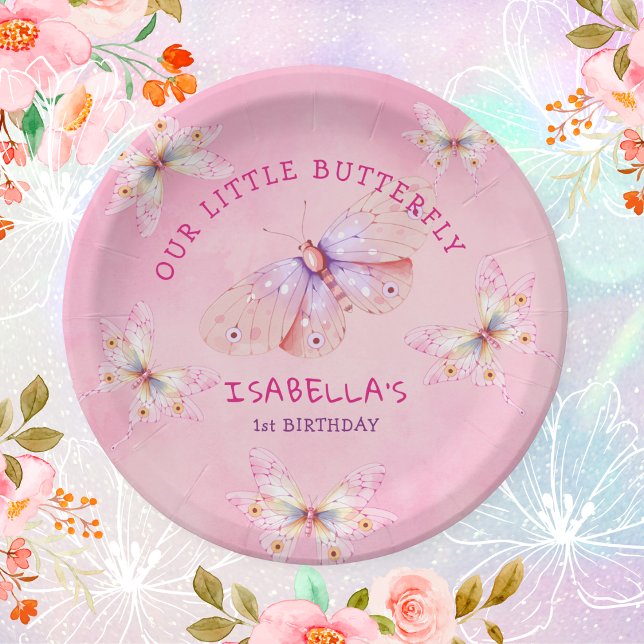 Prato De Papel Primeiro aniversario da moça de borboleta rosa Pas (Pastel Pink Butterfly Theme Girl's 1st Birthday Paper Plates)