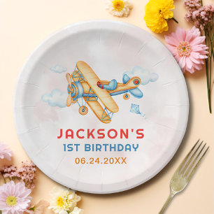 Prato De Papel Primeiro aniversario de Avião Amarelo Retroativo e