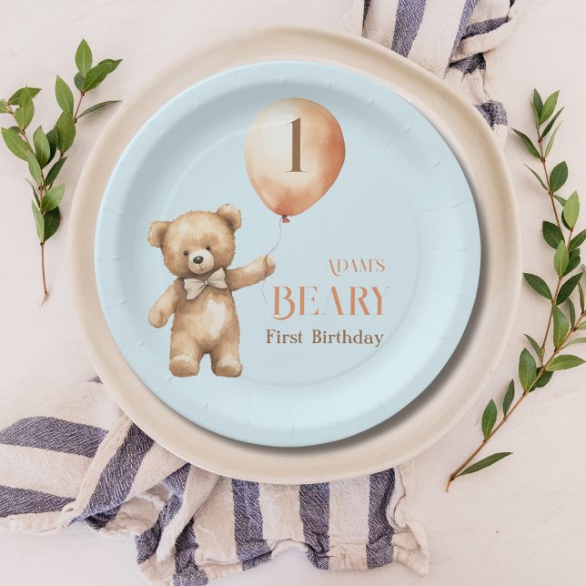 Prato De Papel Primeiro aniversario de Bear Blue Boy Minimer (Criador carregado)