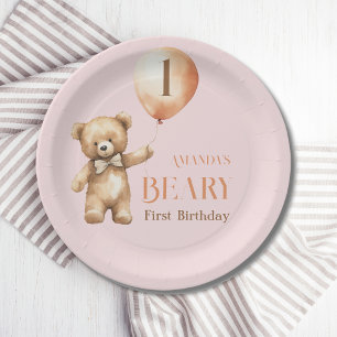 Prato De Papel Primeiro aniversario de Beary Bear Rosa Minimalist