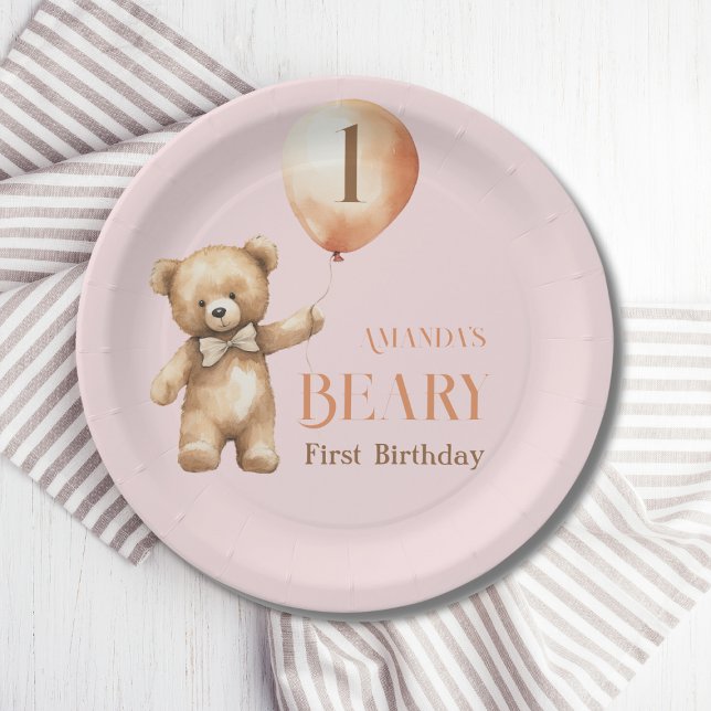 Prato De Papel Primeiro aniversario de Beary Bear Rosa Minimalist (Criador carregado)