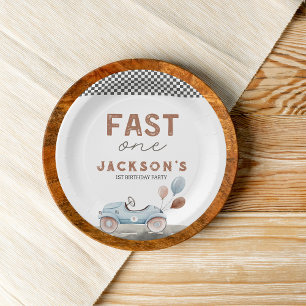 Prato De Papel Primeiro aniversario de Carro Azul Rápido de Uma C