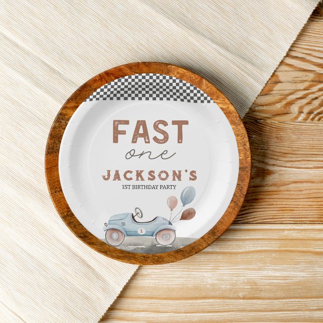 Prato De Papel Primeiro aniversario de Carro Azul Rápido de Uma C (fast one race car retro 1st birthday custom paper plates)