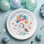 Prato De Papel Primeiro aniversario de Cores do Arco-Íris Funny F<br><div class="desc">Um unicórnio voador engraçado rindo e segurando balões. É perfeito para o seu dia especial. Fácil de personalizar para uma celebração verdadeiramente encantadora!</div>