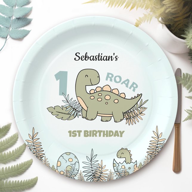 Prato De Papel Primeiro aniversario de desenho animado azul Dinos (Cute Cartoon Dinosaur Blue Green Boy 1st Birthday Paper Plates)