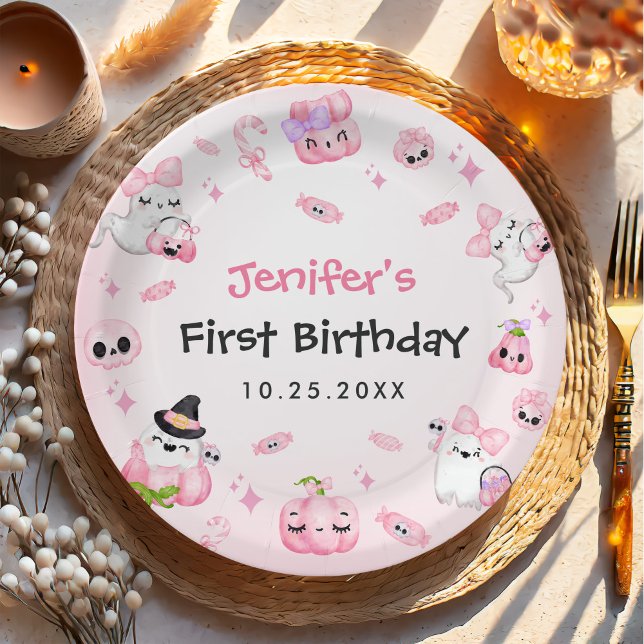Prato De Papel Primeiro aniversario de Dia das Bruxas Ghost Rosa- (Criador carregado)