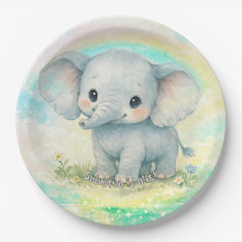 Prato De Papel Primeiro Aniversário de Elefante Arco-Íris Rosa Pa