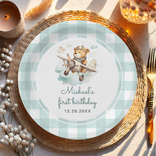 Prato De Papel Primeiro aniversario de Pastel Gingham