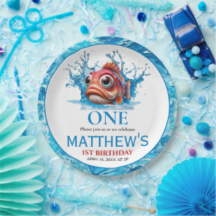 Prato De Papel Primeiro aniversario de Peixe Azul de Água Cura
