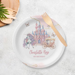 Prato De Papel Primeiro aniversario de Princesa Rosa Unicorn, Cas