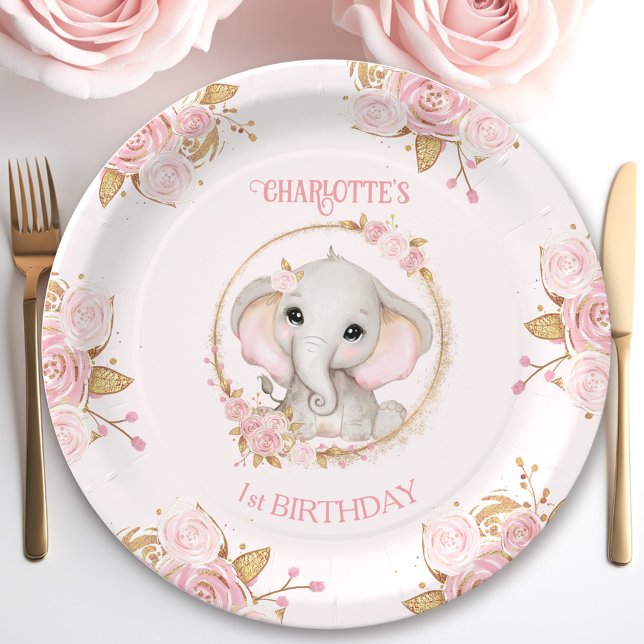 Prato De Papel Primeiro aniversario de Rosa Floral de Elefante Ro (Cute Elephant Pink Girl Floral Roses 1st Birthday Paper Plates)