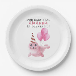 Prato De Papel Primeiro aniversario De Selo Rosa Sob O Mar