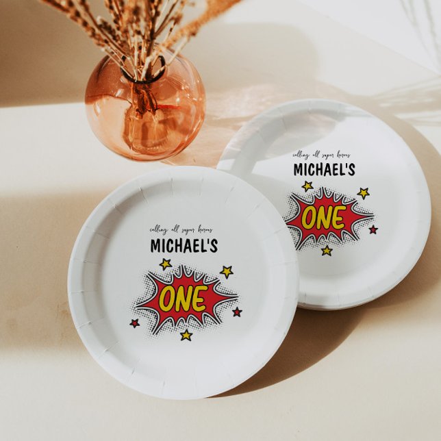 Prato De Papel Primeiro aniversario de Super Herói Dinâmico (Criador carregado)