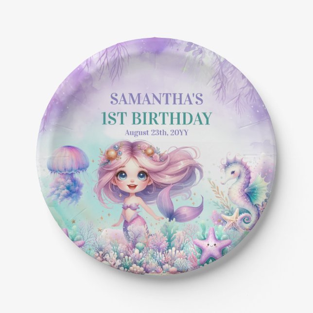 Prato De Papel Primeiro aniversario de Verão roxo e sereia, de co (Frente)