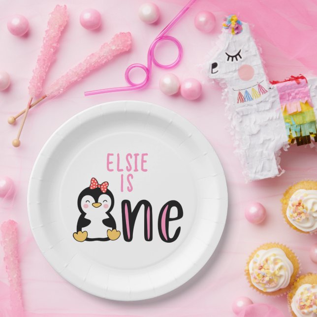 Prato De Papel Primeiro aniversario do bebê - Cute pinguim (Festa)