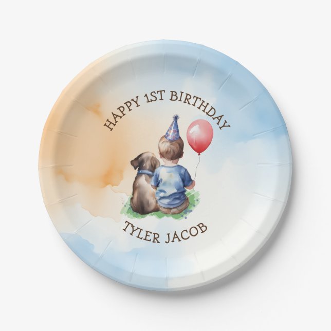 Prato De Papel Primeiro Aniversário do Menino Personalizado (Frente)
