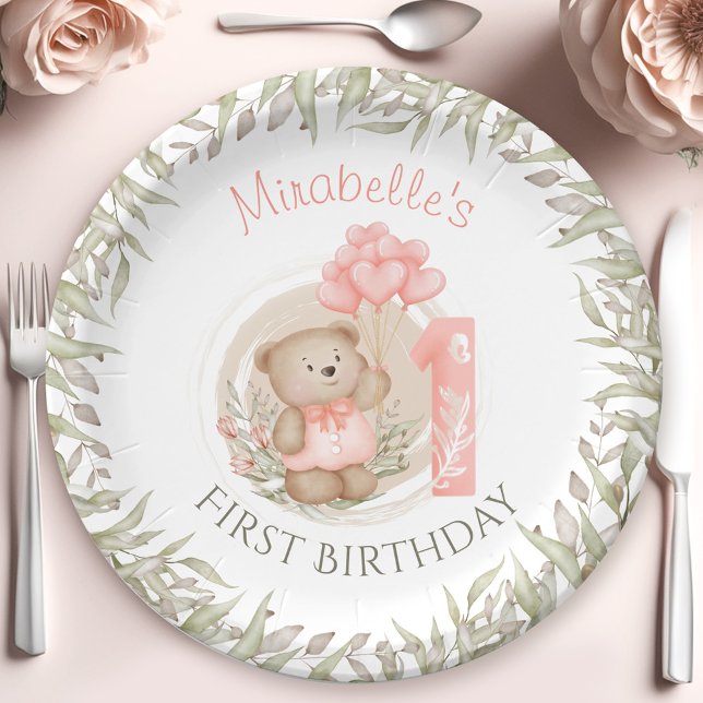 Prato De Papel Primeiro Aniversário do Urso de Teddy Cute (First Birthday Cute Teddy Bear Peach Paper Plates)