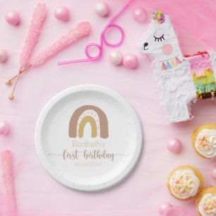 Prato De Papel Primeiro Aniversário, Dourado Mínimo Arco-Íris Ros