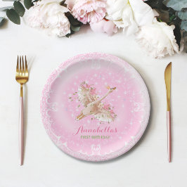 Prato De Papel Primeiro Aniversário Fairytale Swan, cor-de-rosa