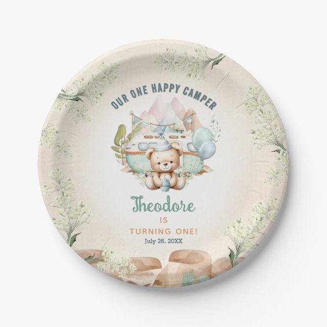 Prato De Papel Primeiro aniversario Feliz Camper Summer (Frente)