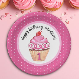 Prato De Papel Primeiro aniversario Feliz Cupcake Rosa Rosa Bonit