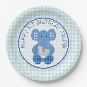 Prato De Papel primeiro aniversario Feliz de Elefante Xadrez Azul