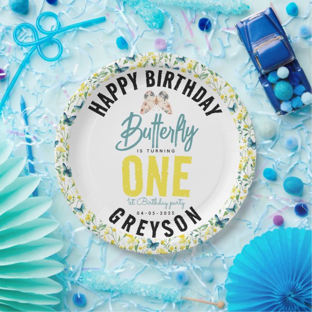 Prato De Papel Primeiro aniversario Floral de Borboleta Whimsic (Festa)