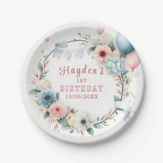 Prato De Papel Primeiro Aniversário - Flores e balões de Aquarela