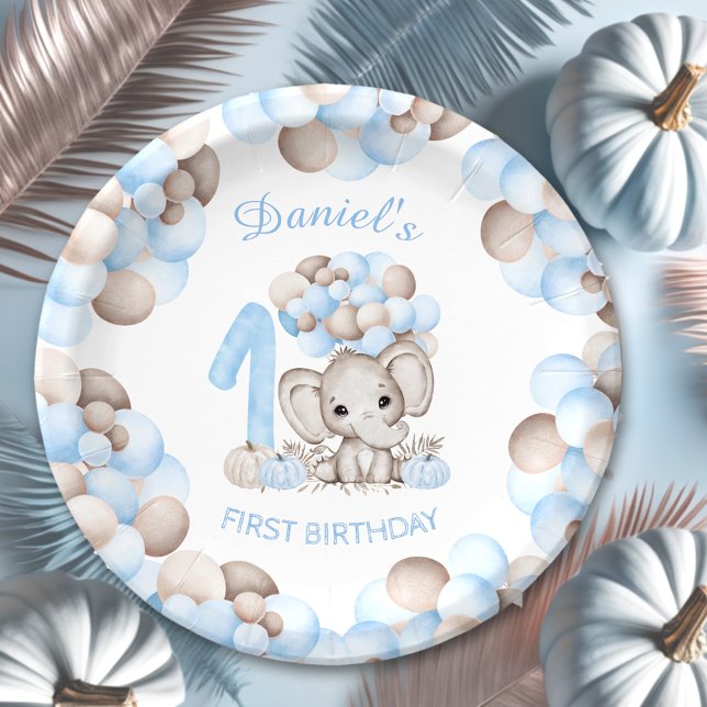 Prato De Papel Primeiro Aniversário - Folhas de Papelão de Elefan (Boy Fall First Birthday Cute Elephant Paper Plates)