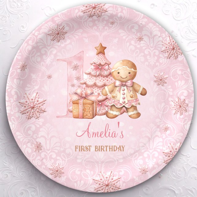Prato De Papel primeiro aniversario Gingerbird Man Girl Rosa Nata (1st Birthday Gingerbread Man Girl Pink Christmas Paper Plates)