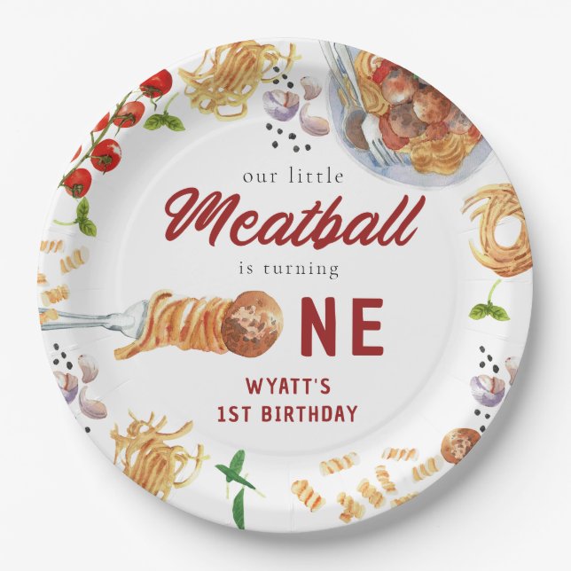 Prato De Papel Primeiro aniversario Italiano De Meatball Em Aquar (Frente)
