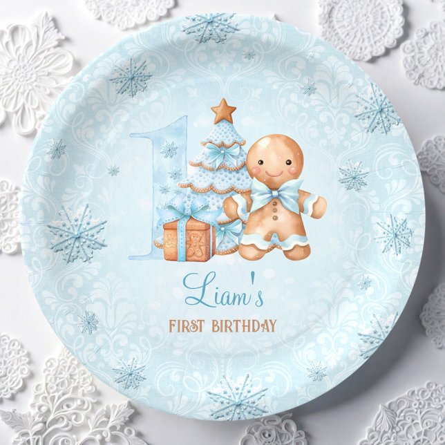 Prato De Papel primeiro aniversario Pão-Pão Homem Menino Azul Nat (1st Birthday Gingerbread Man Boy Blue Christmas Paper Plates)
