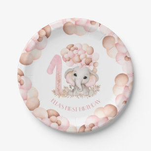 Prato De Papel Primeiro Aniversário Rapariga Bonita Elefante Rosa
