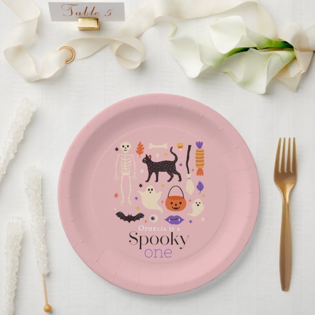 Prato De Papel Primeiro aniversario Rosa Spooky One Halloween Mot (Casamento)