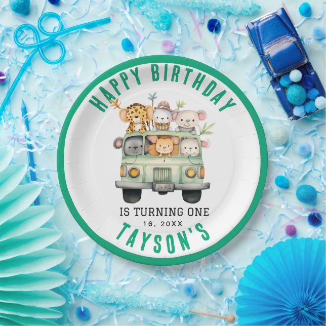 Prato De Papel Primeiro aniversario Selvagem de Animais Safari (Festa)