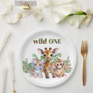 Prato De Papel Primeiro Aniversário Tigre Girafa Macaco Selvagem