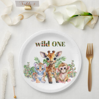 Prato De Papel Primeiro Aniversário Tigre Girafa Macaco Selvagem 