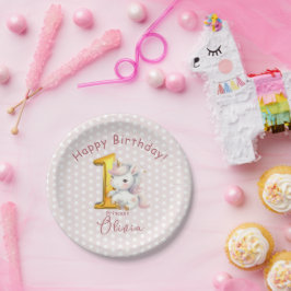 Prato De Papel Primeiro aniversario Unicorn bonito com bolinhas b