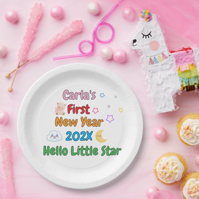 Prato De Papel Primeiro Ano Novo Personalizado do Bebê – Design F (Festa)