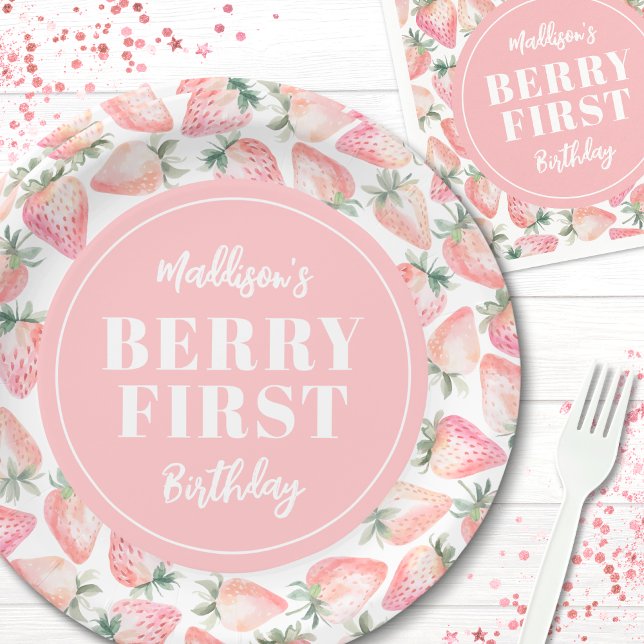 Prato De Papel Primeiro primeiro aniversario do Strawberry Berry (Strawberry Berry First 1st Birthday Party Paper Plates)