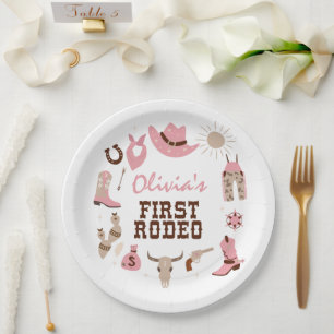 Prato De Papel Primeiro Rodeio Rosa Caubói Ocidental Aniversário 