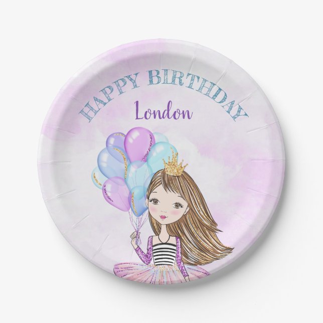 Prato De Papel Princesa aniversariante Lavanda Roxo Turquesa (Frente)