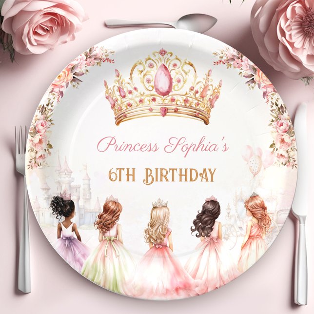 Prato De Papel Princesa Coroa Rosa Dourada Garota Floral Aniversá (Princess Crown Pink Gold Floral Girl Birthday Paper Plates)