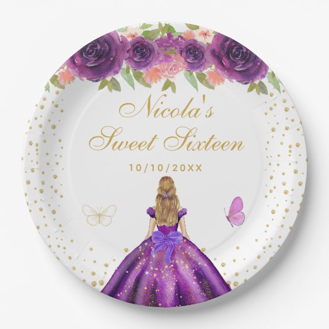 Prato De Papel Princesa de Cabelo Loiro com Florais Roxos Sweet S (Frente)