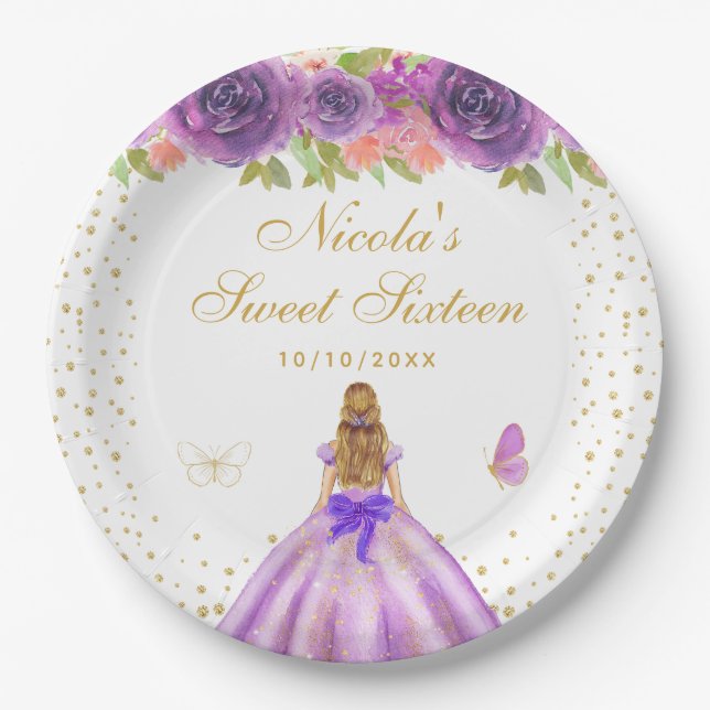 Prato De Papel Princesa de Cabelo Loiro com Florais Roxos Sweet S (Frente)