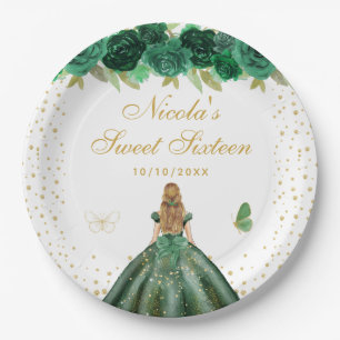 Prato De Papel Princesa de Cabelo Loiro Floral Verde Sweet Sixtee