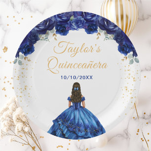 Prato De Papel Princesa Floral Azul Escuro Quinceañera