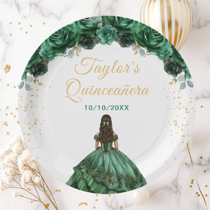 Prato De Papel Princesa Floral Verde Escuro Quinceañera